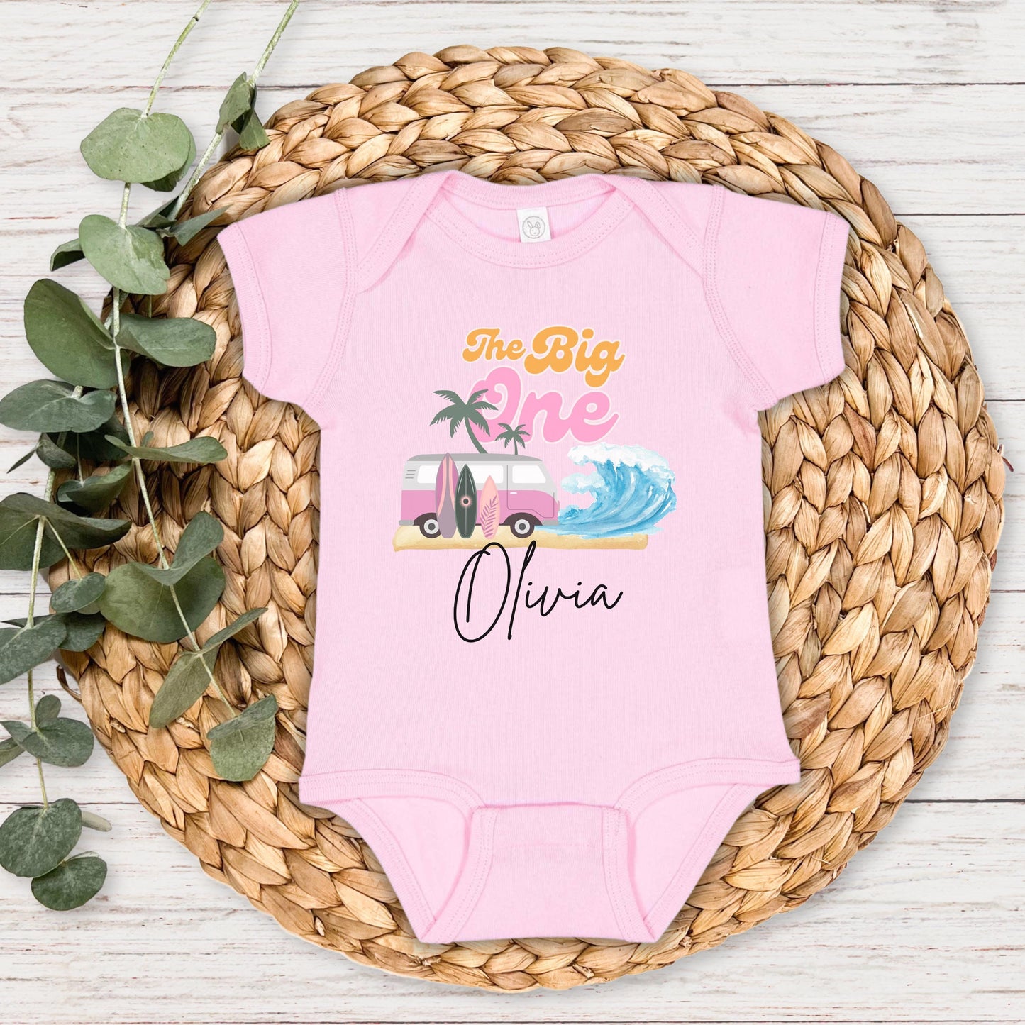 Personalized The Big One First Birthday Shirt | Surf 1st Birthday Outfit | Retro Girl Van Surfboard Beach Party | Ocean Wave Surfer Tee