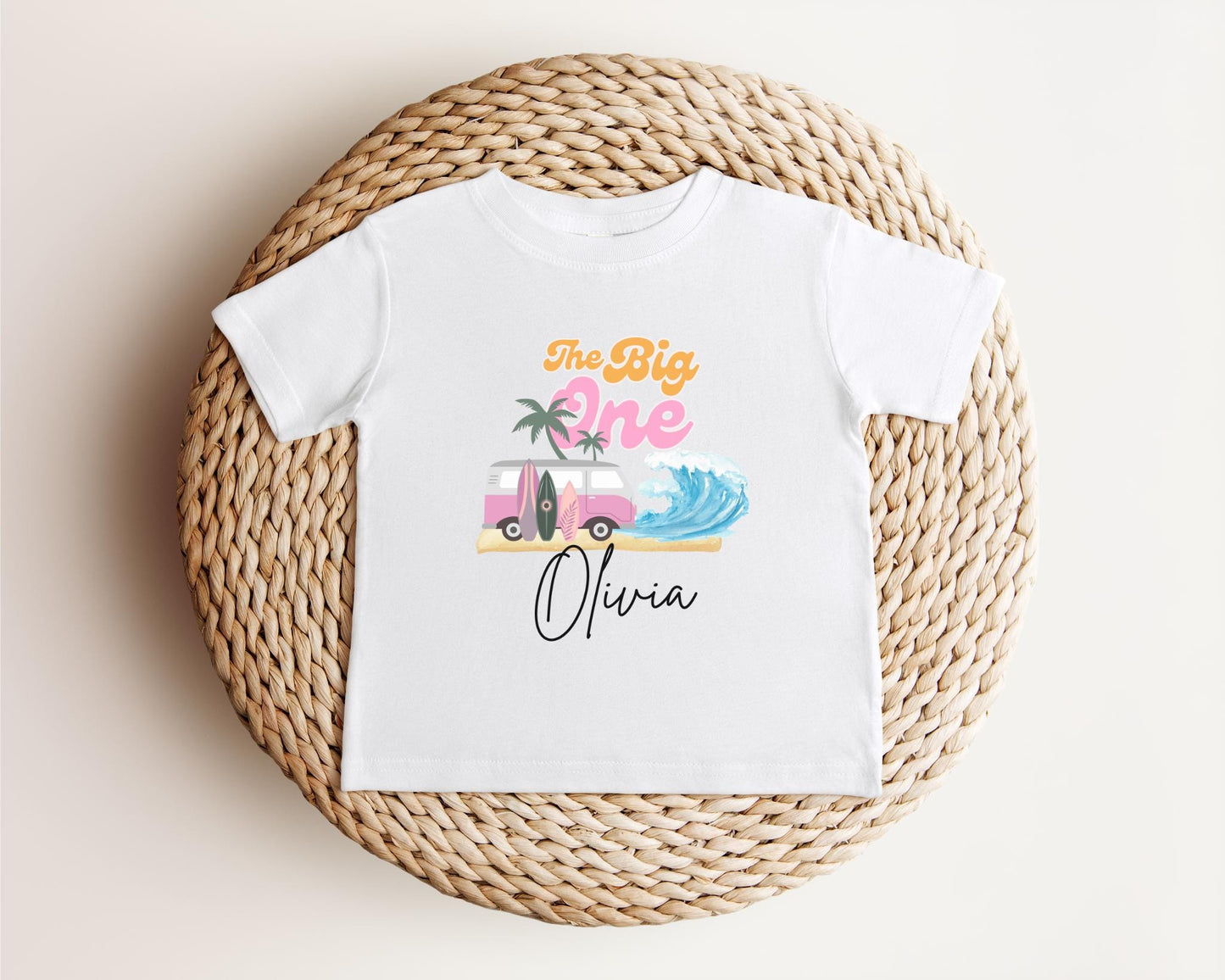 Personalized The Big One First Birthday Shirt | Surf 1st Birthday Outfit | Retro Girl Van Surfboard Beach Party | Ocean Wave Surfer Tee