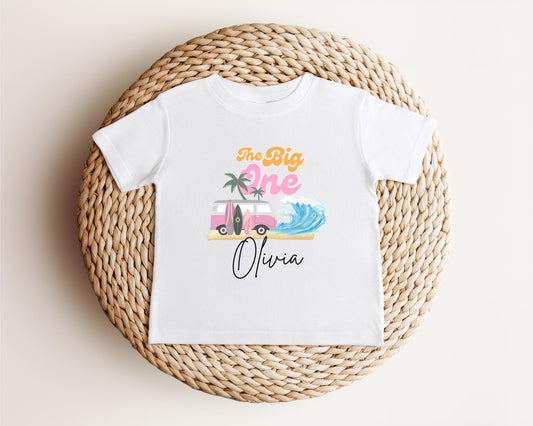 Personalized The Big One First Birthday Shirt | Surf 1st Birthday Outfit | Retro Girl Van Surfboard Beach Party | Ocean Wave Surfer Tee