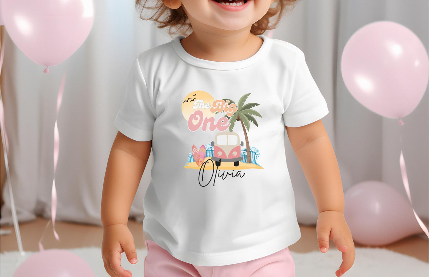 Personalized The Big One First Birthday Shirt | Surf 1st Birthday Outfit | Retro Girl Van Surfboard Beach Party | Ocean Wave Surfer Tee