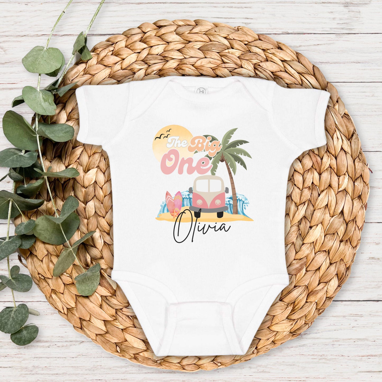 Personalized The Big One First Birthday Shirt | Surf 1st Birthday Outfit | Retro Girl Van Surfboard Beach Party | Ocean Wave Surfer Tee
