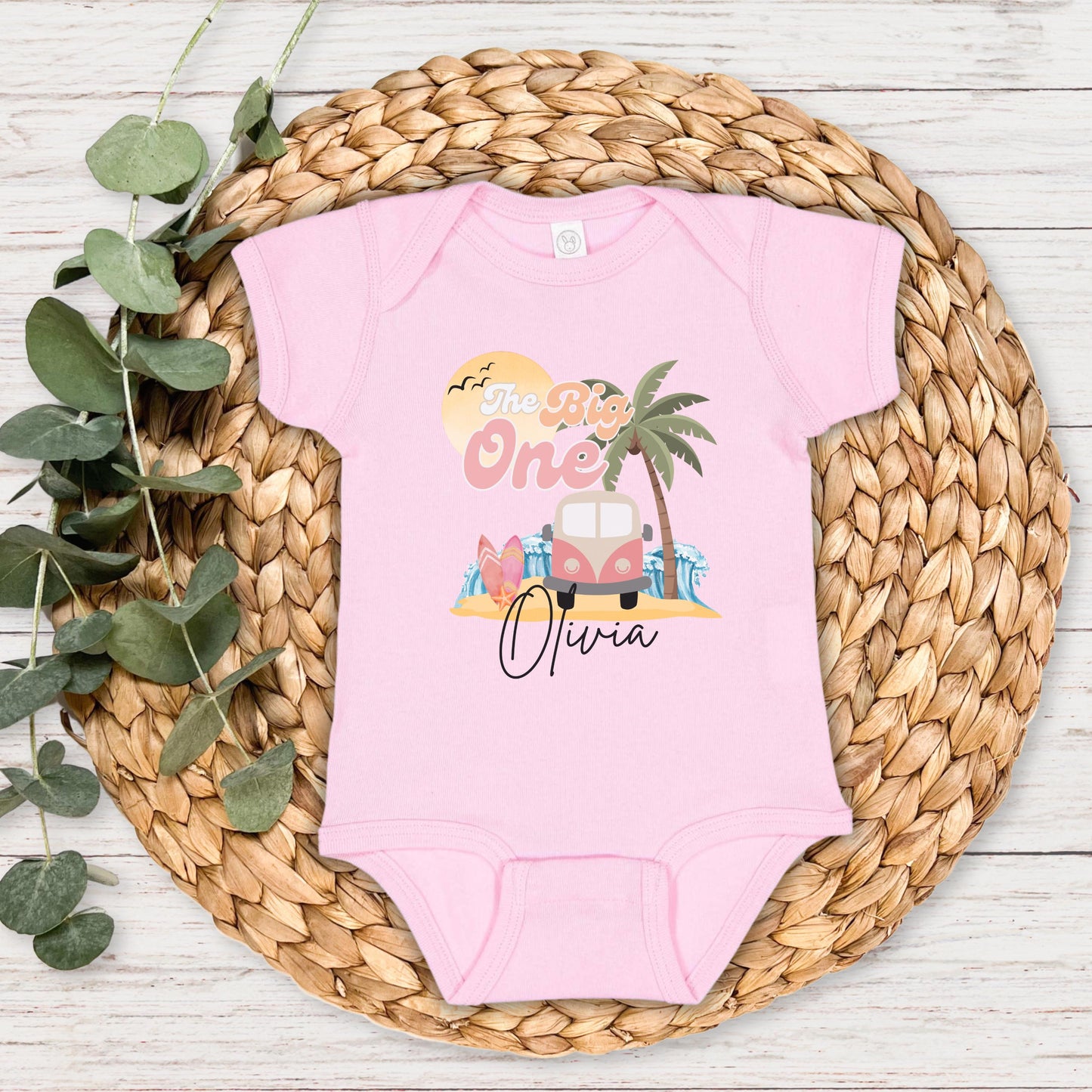 Personalized The Big One First Birthday Shirt | Surf 1st Birthday Outfit | Retro Girl Van Surfboard Beach Party | Ocean Wave Surfer Tee