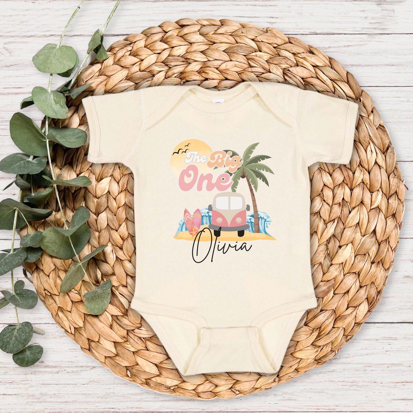 Personalized The Big One First Birthday Shirt | Surf 1st Birthday Outfit | Retro Girl Van Surfboard Beach Party | Ocean Wave Surfer Tee