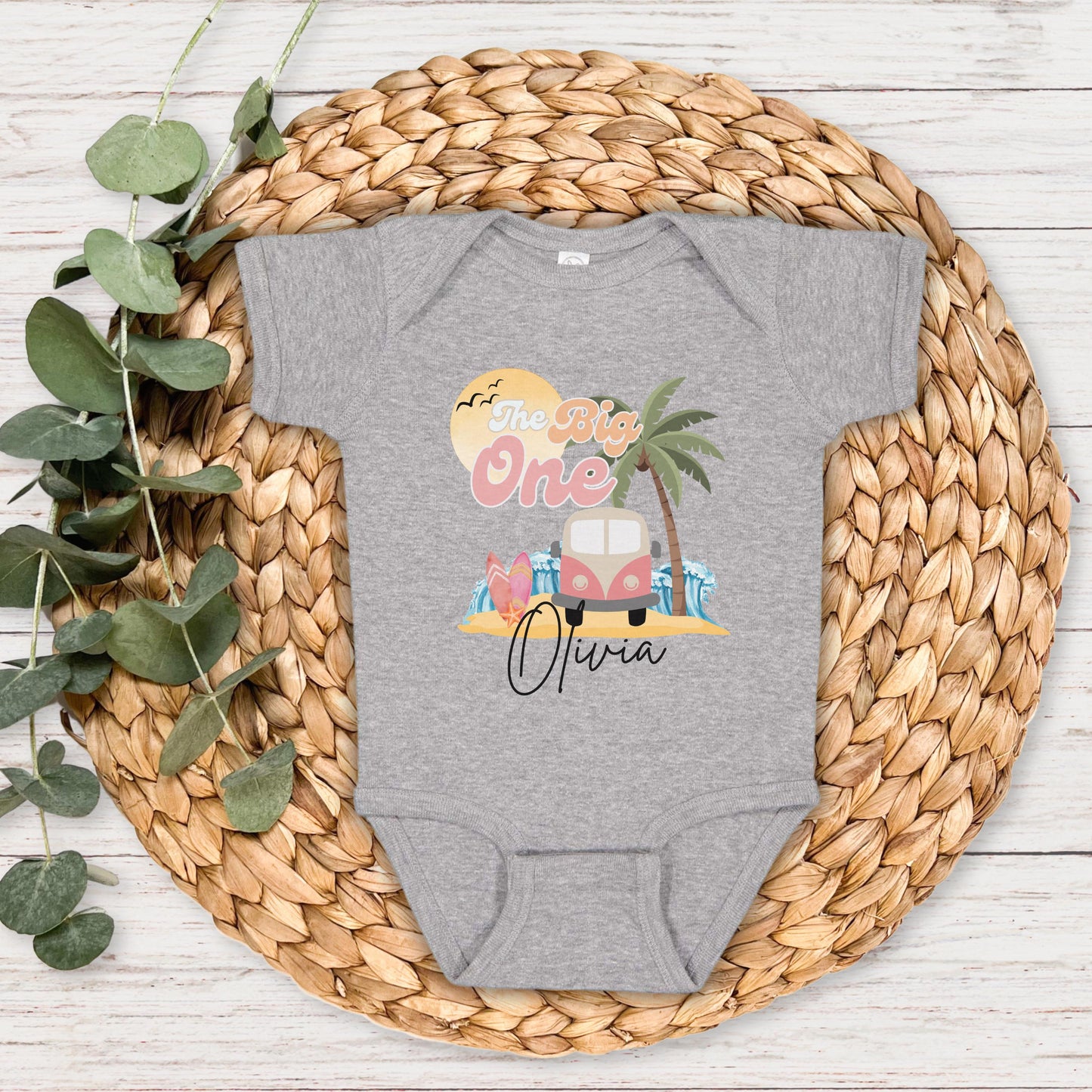 Personalized The Big One First Birthday Shirt | Surf 1st Birthday Outfit | Retro Girl Van Surfboard Beach Party | Ocean Wave Surfer Tee