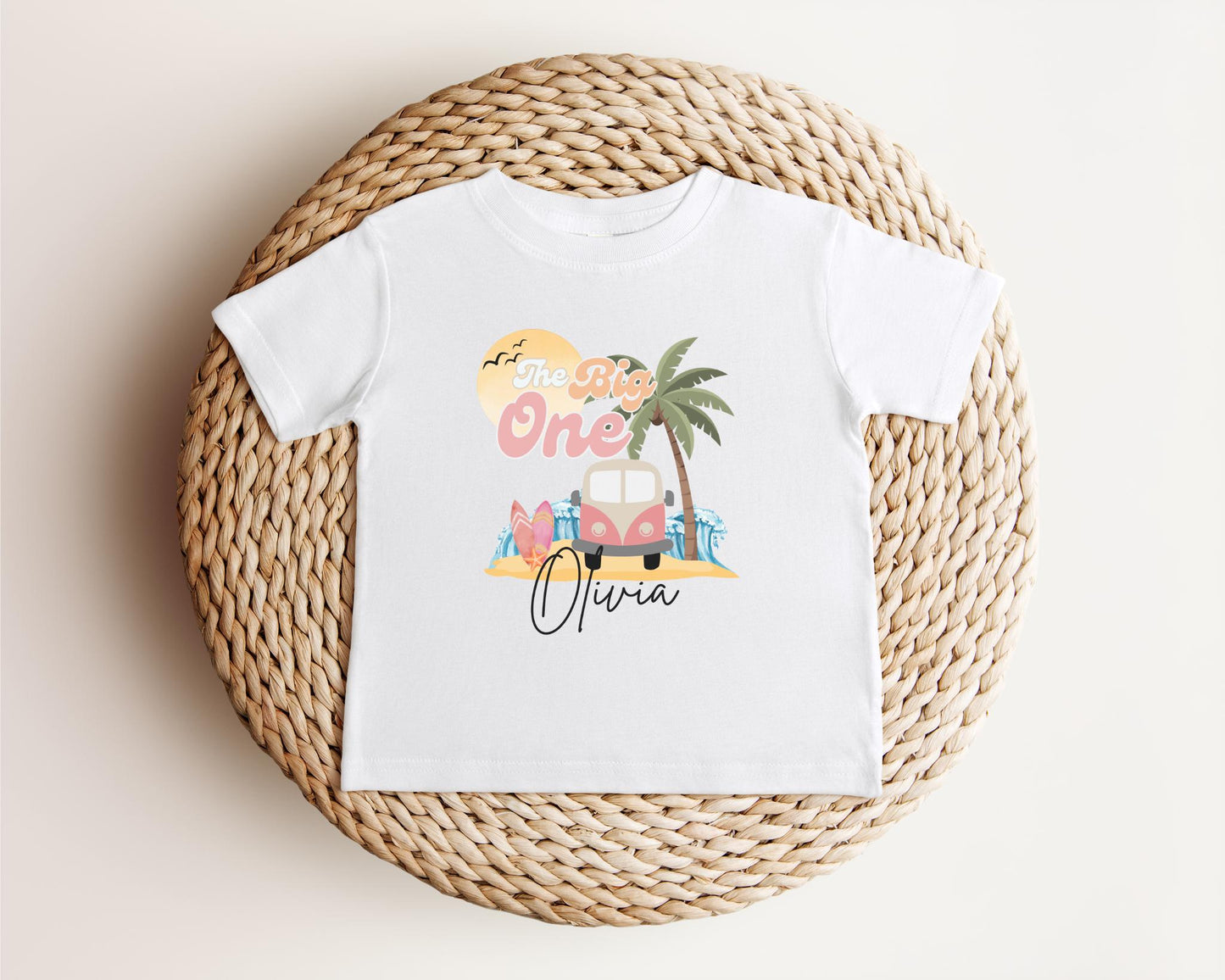 Personalized The Big One First Birthday Shirt | Surf 1st Birthday Outfit | Retro Girl Van Surfboard Beach Party | Ocean Wave Surfer Tee