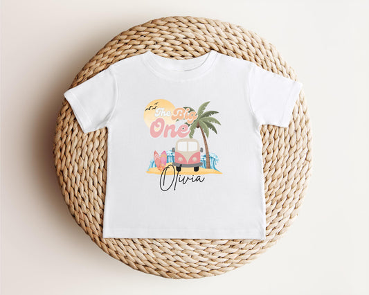 Personalized The Big One First Birthday Shirt | Surf 1st Birthday Outfit | Retro Girl Van Surfboard Beach Party | Ocean Wave Surfer Tee
