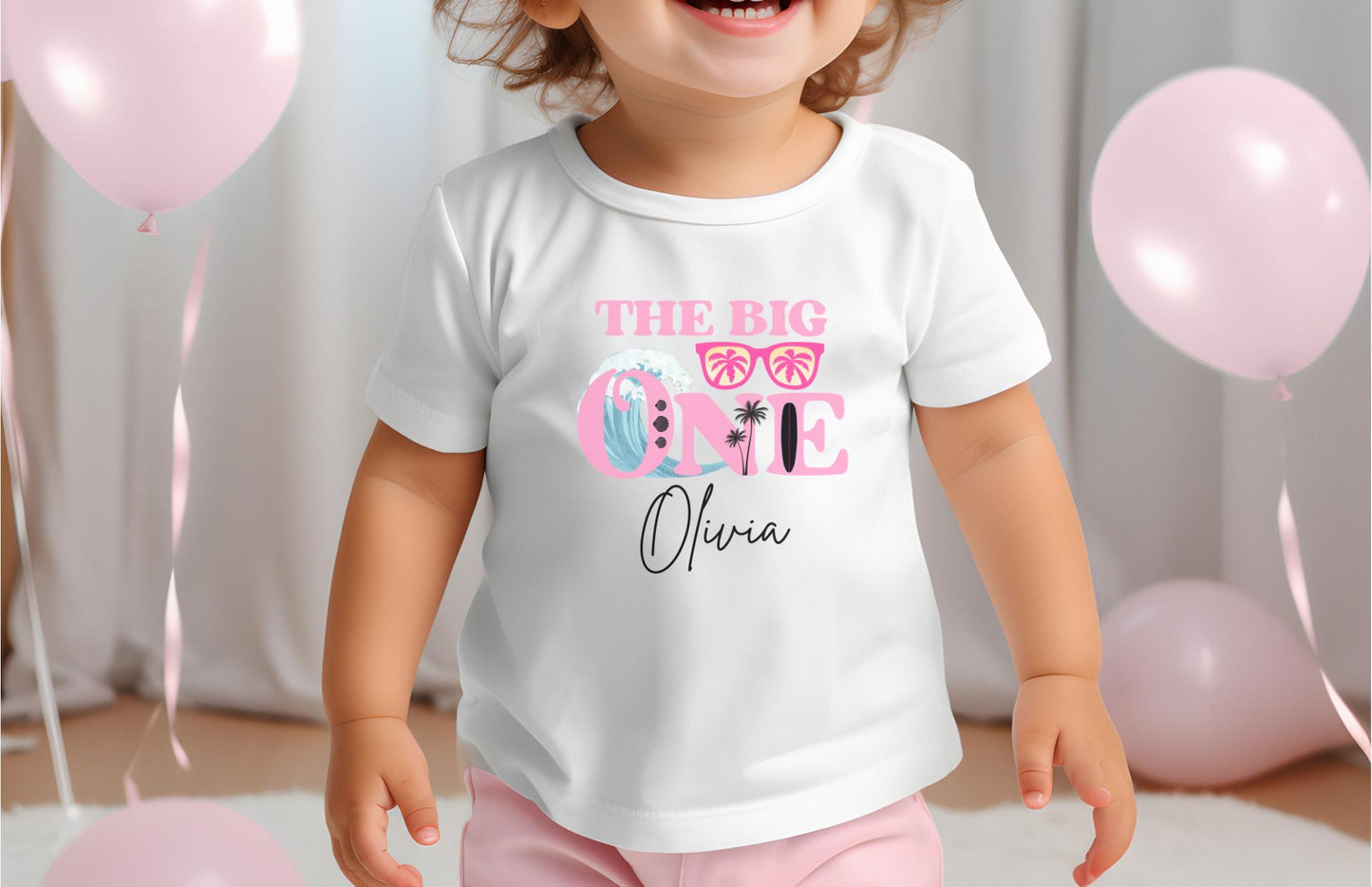 Personalized The Big One Girl Surfing First Birthday Shirt | Beach Surfboard 1st Birthday Outfit