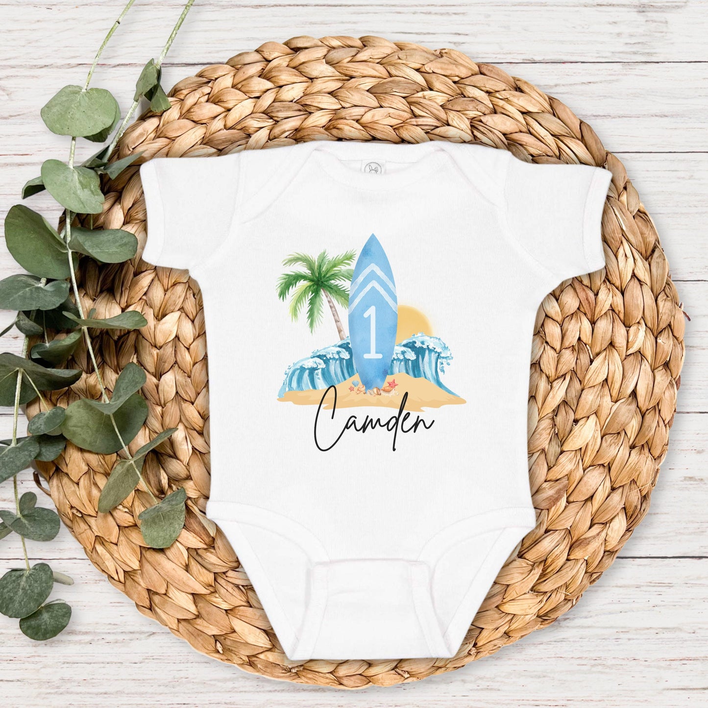 Personalized Beach Surfboard First Birthday Shirt | The Big One Boy Surfing 1st Birthday Outfit
