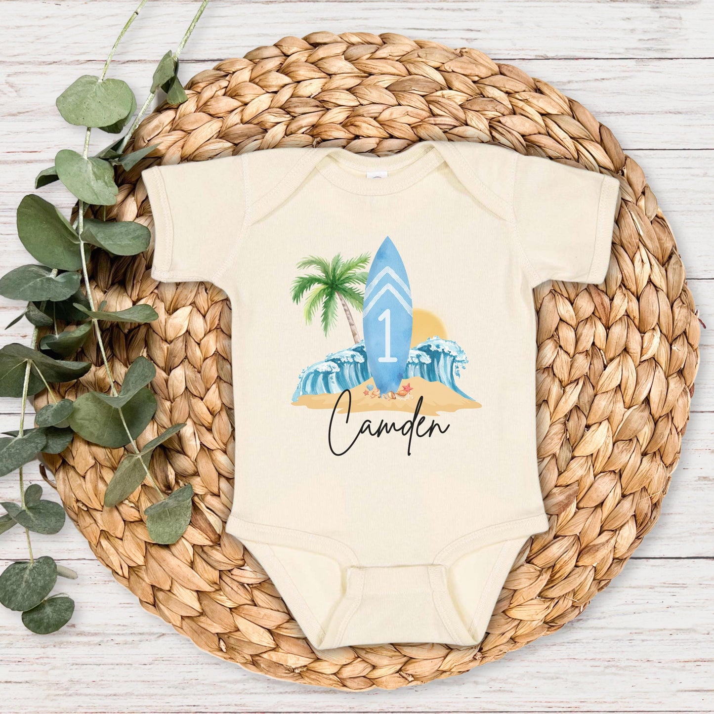 Personalized Beach Surfboard First Birthday Shirt | The Big One Boy Surfing 1st Birthday Outfit