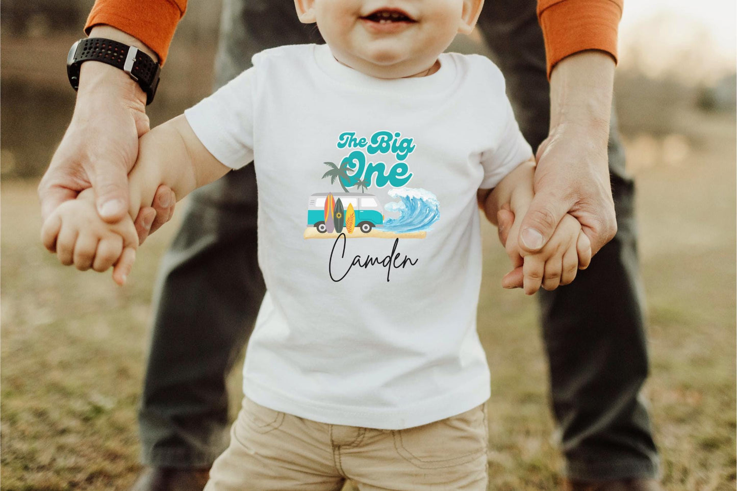Personalized The Big One First Birthday Shirt | Surf 1st Birthday Outfit | Retro Boy Van Surfboard Beach Party | Ocean Wave Surfer Tee