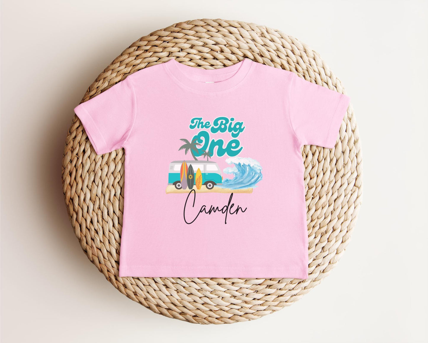 Personalized The Big One First Birthday Shirt | Surf 1st Birthday Outfit | Retro Boy Van Surfboard Beach Party | Ocean Wave Surfer Tee