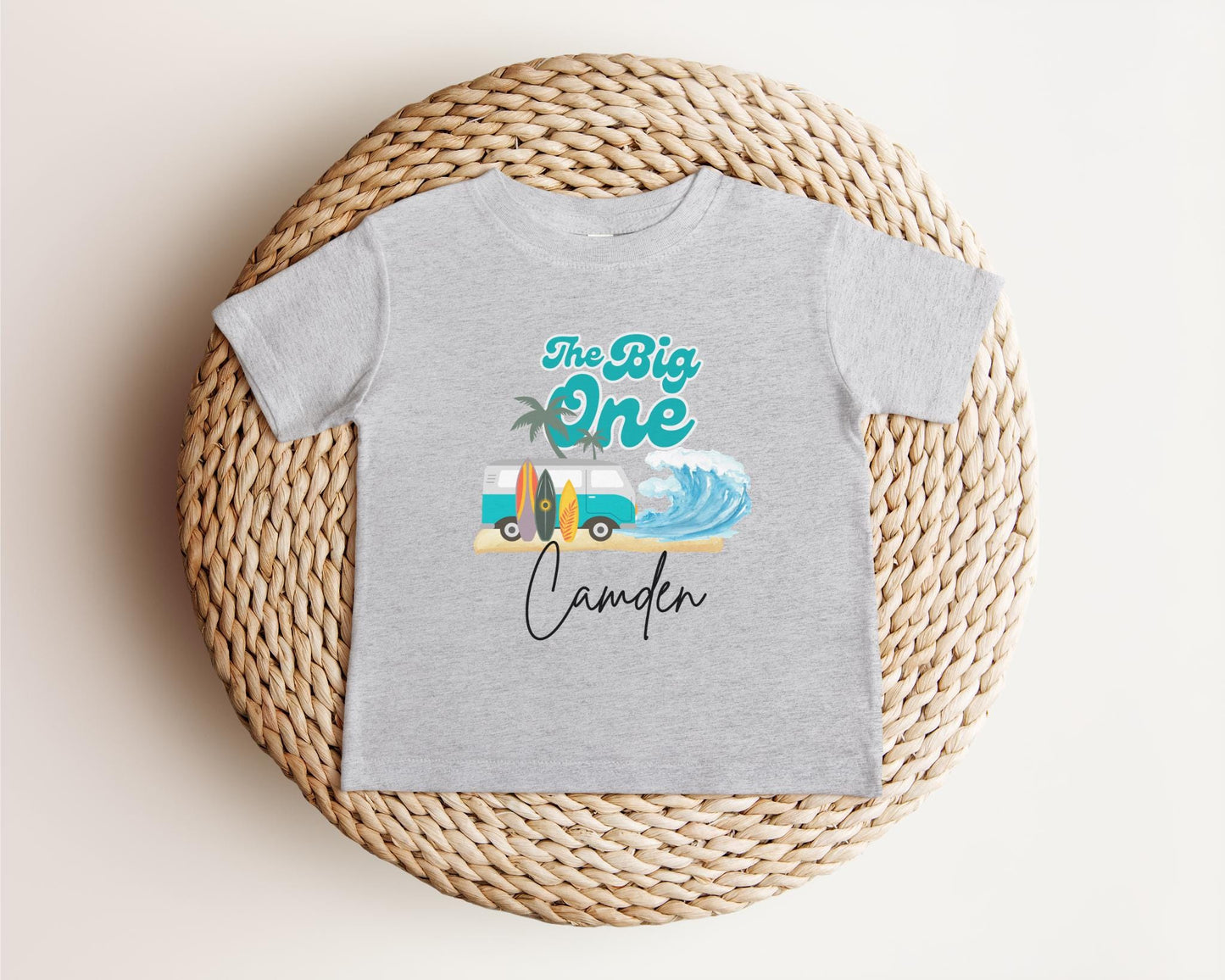 Personalized The Big One First Birthday Shirt | Surf 1st Birthday Outfit | Retro Boy Van Surfboard Beach Party | Ocean Wave Surfer Tee