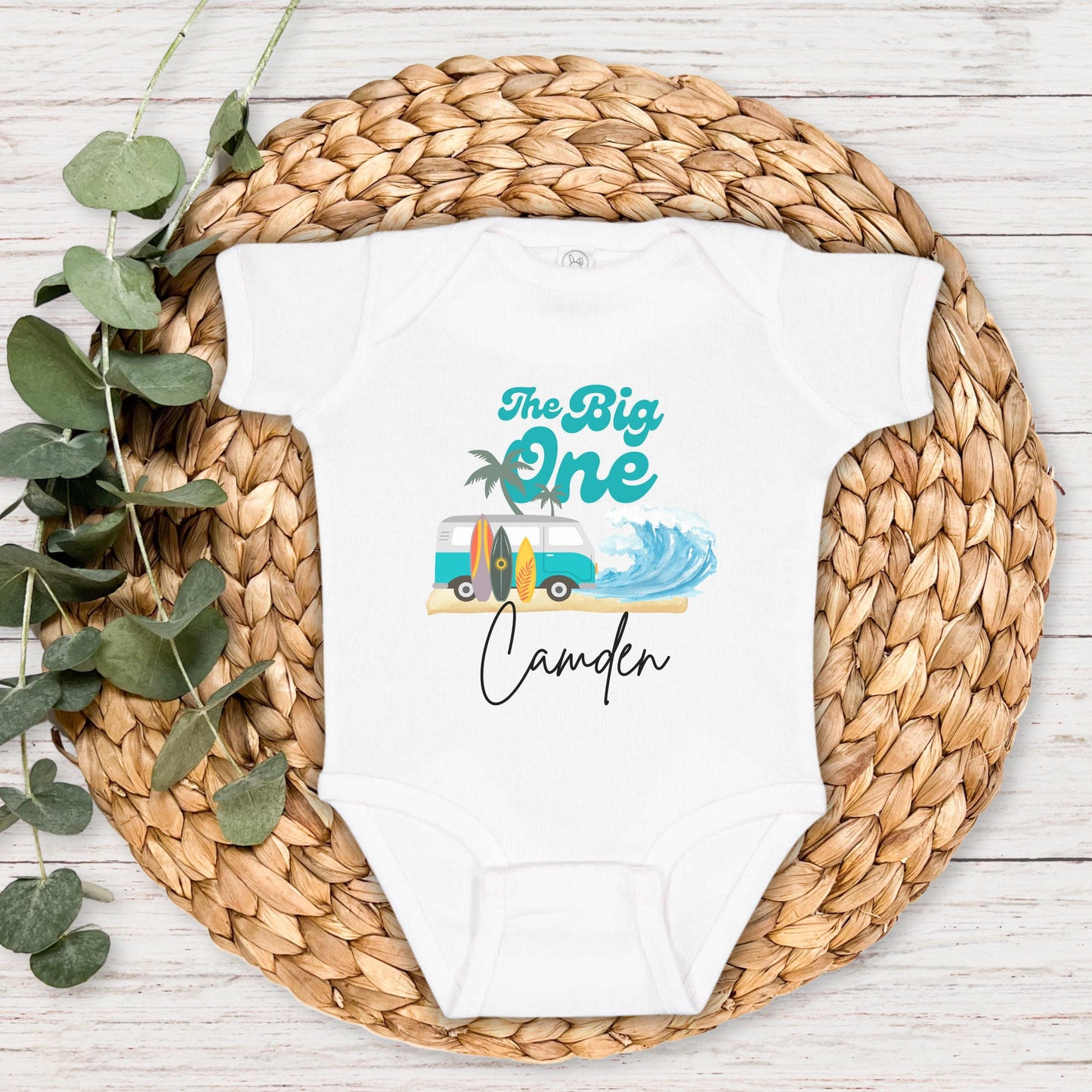 Personalized The Big One First Birthday Shirt | Surf 1st Birthday Outfit | Retro Boy Van Surfboard Beach Party | Ocean Wave Surfer Tee