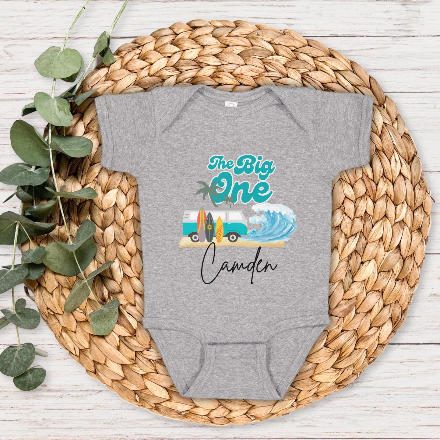 Personalized The Big One First Birthday Shirt | Surf 1st Birthday Outfit | Retro Boy Van Surfboard Beach Party | Ocean Wave Surfer Tee