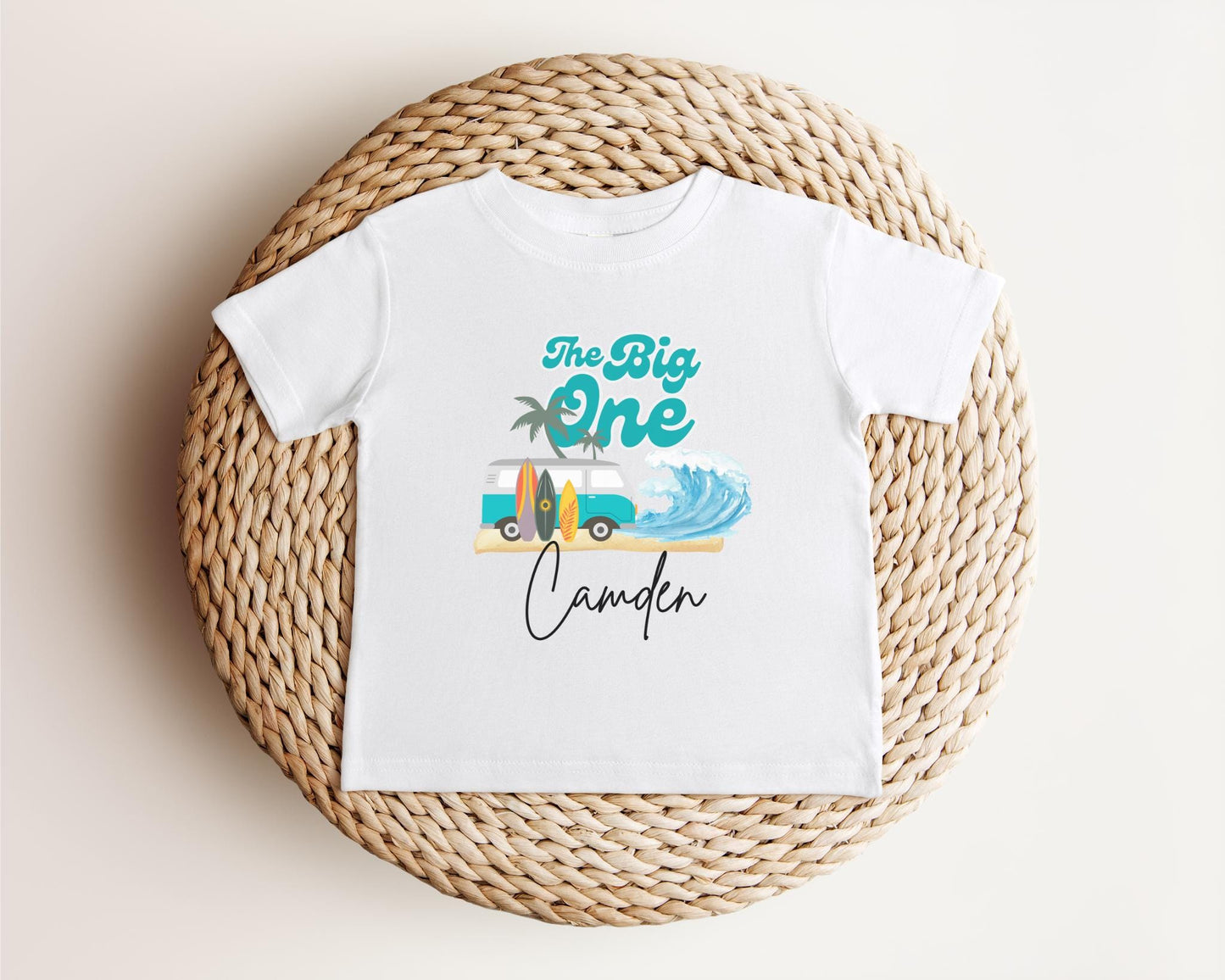 Personalized The Big One First Birthday Shirt | Surf 1st Birthday Outfit | Retro Boy Van Surfboard Beach Party | Ocean Wave Surfer Tee