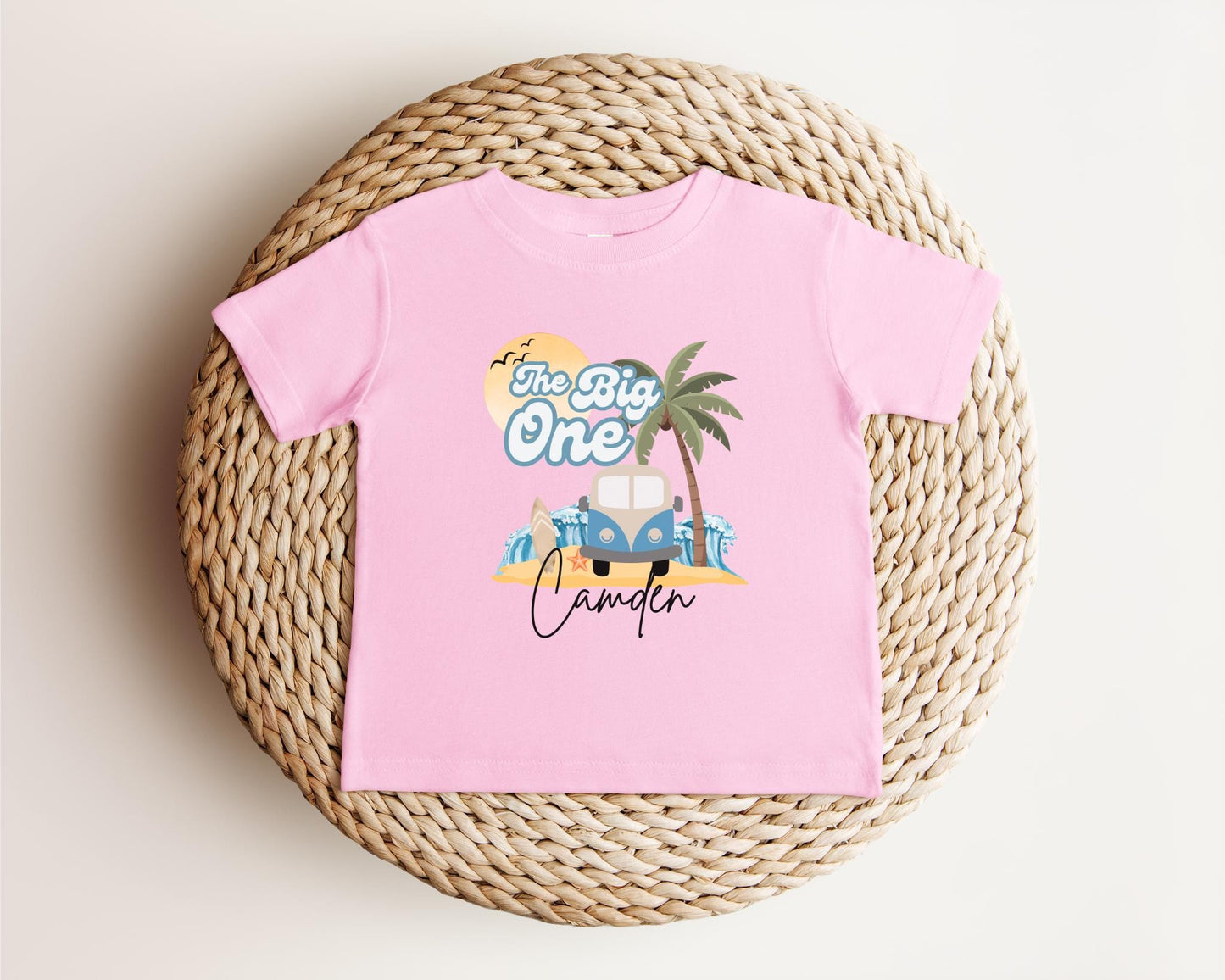Personalized The Big One First Birthday Shirt | Surf 1st Birthday Outfit | Retro Boy Van Surfboard Beach Party | Ocean Wave Surfer Tee