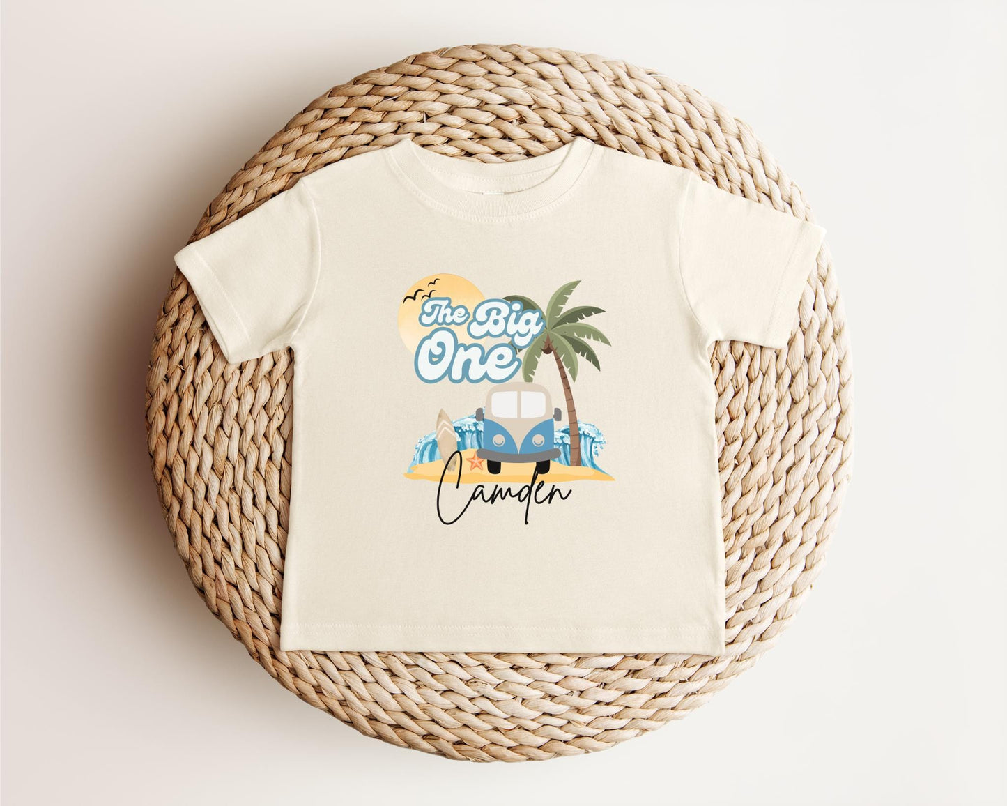 Personalized The Big One First Birthday Shirt | Surf 1st Birthday Outfit | Retro Boy Van Surfboard Beach Party | Ocean Wave Surfer Tee
