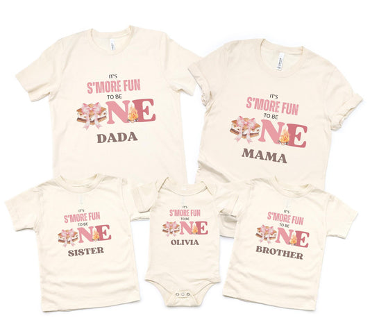 Personalized Pink S'more Fun To Be One Shirt | S'more Camping Girl's 1st Birthday Outift | Custom Smores Matching Family Birthday Tee