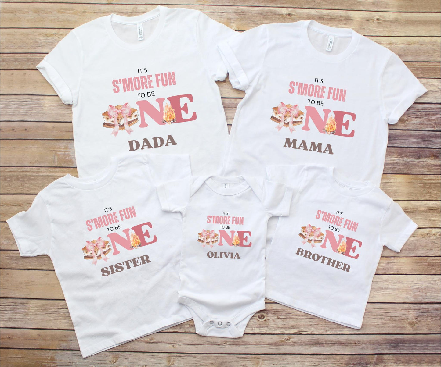 Personalized Pink S'more Fun To Be One Shirt | S'more Camping Girl's 1st Birthday Outift | Custom Smores Matching Family Birthday Tee