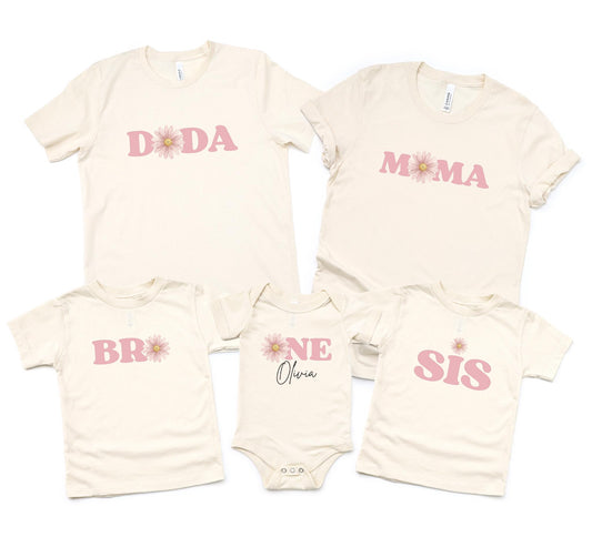 Boho Pink Daisy First Birthday Family Matching Shirts: Girls Floral 1st Birthday Outfit