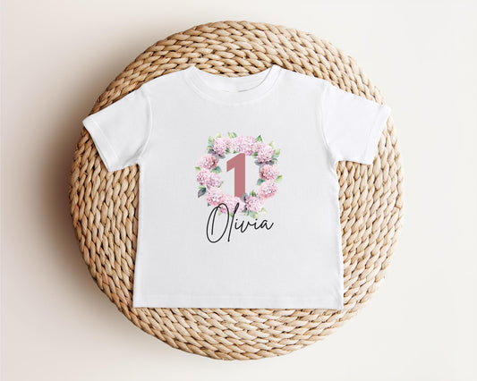 Pink Hydrangea First Birthday Shirt: Girl 1st Birthday Floral Spring Summer Outfit