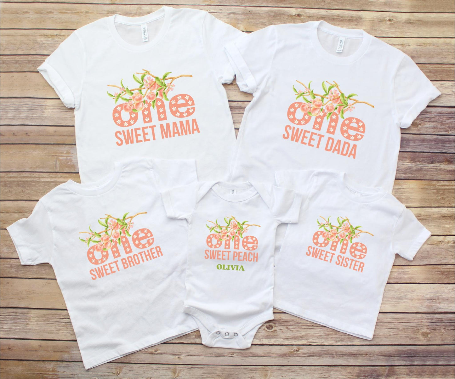 Personalized One Sweet Peach First Birthday Matching Family Shirts: Fruit Themed 1st Birthday Party Outfit