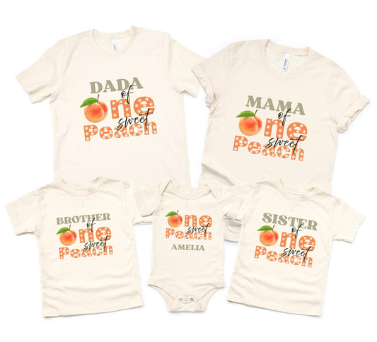 Personalized One Sweet Peach First Birthday Matching Family Shirts: Fruit Themed 1st Birthday Party Outfit