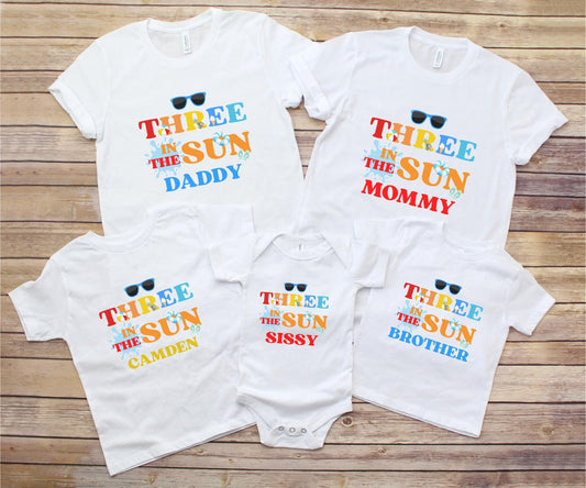 Three In The Sun Pool Party Theme Matching Family Birthday Shirts | 2nd Birthday Outfit for Girl or Boy | Summer Swimming Third Birthday