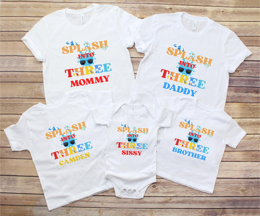 Splash Into Three Pool Party Theme Matching Family Birthday Shirts | 3rd Birthday Outfit for Girl or Boy | Summer Swimming Third Birthday