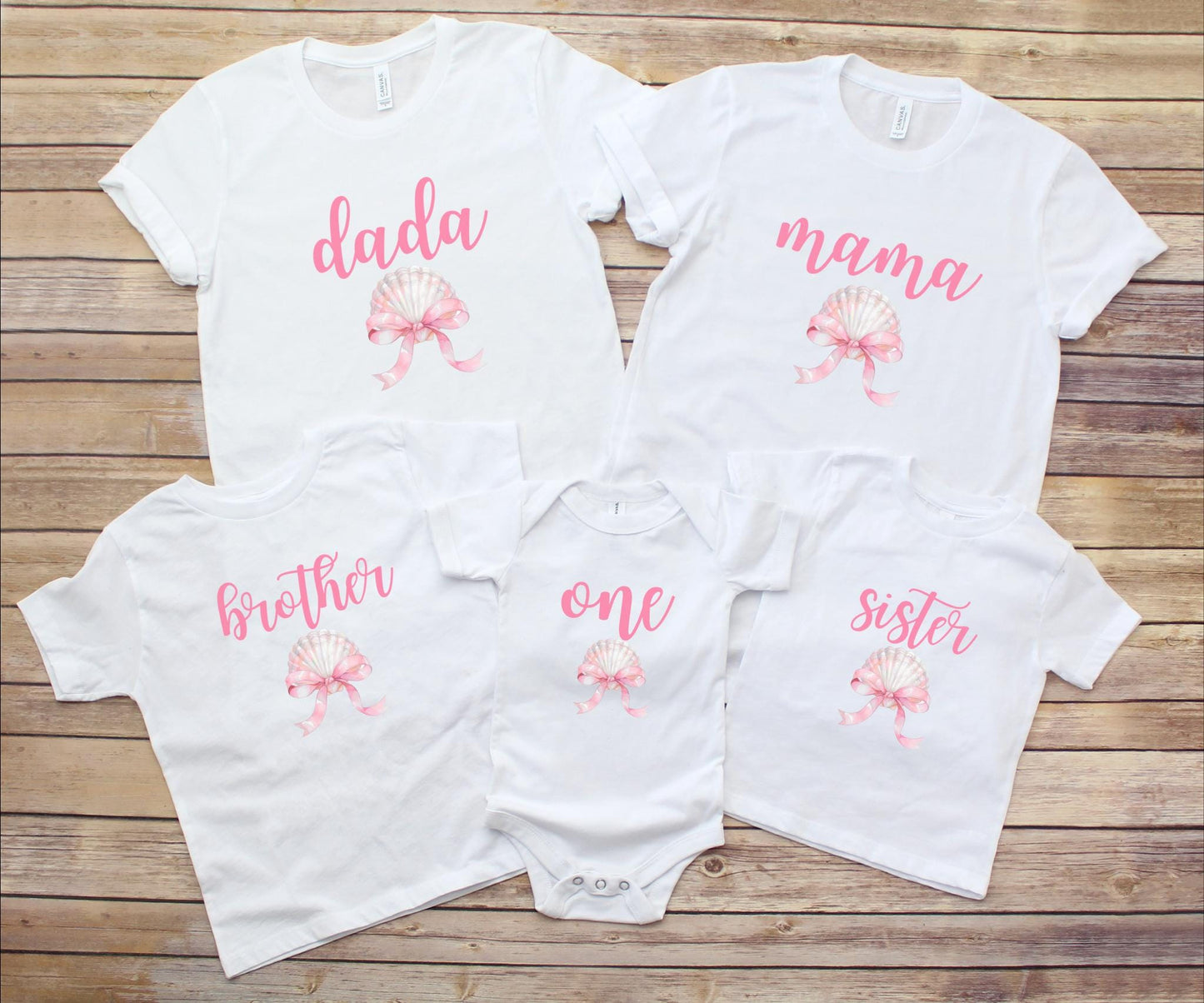 Seashell Coquette Bow First Birthday Family Matching Shirts: Girl's Summer 1st Birthday Coastal Beach Themed Party Outfit