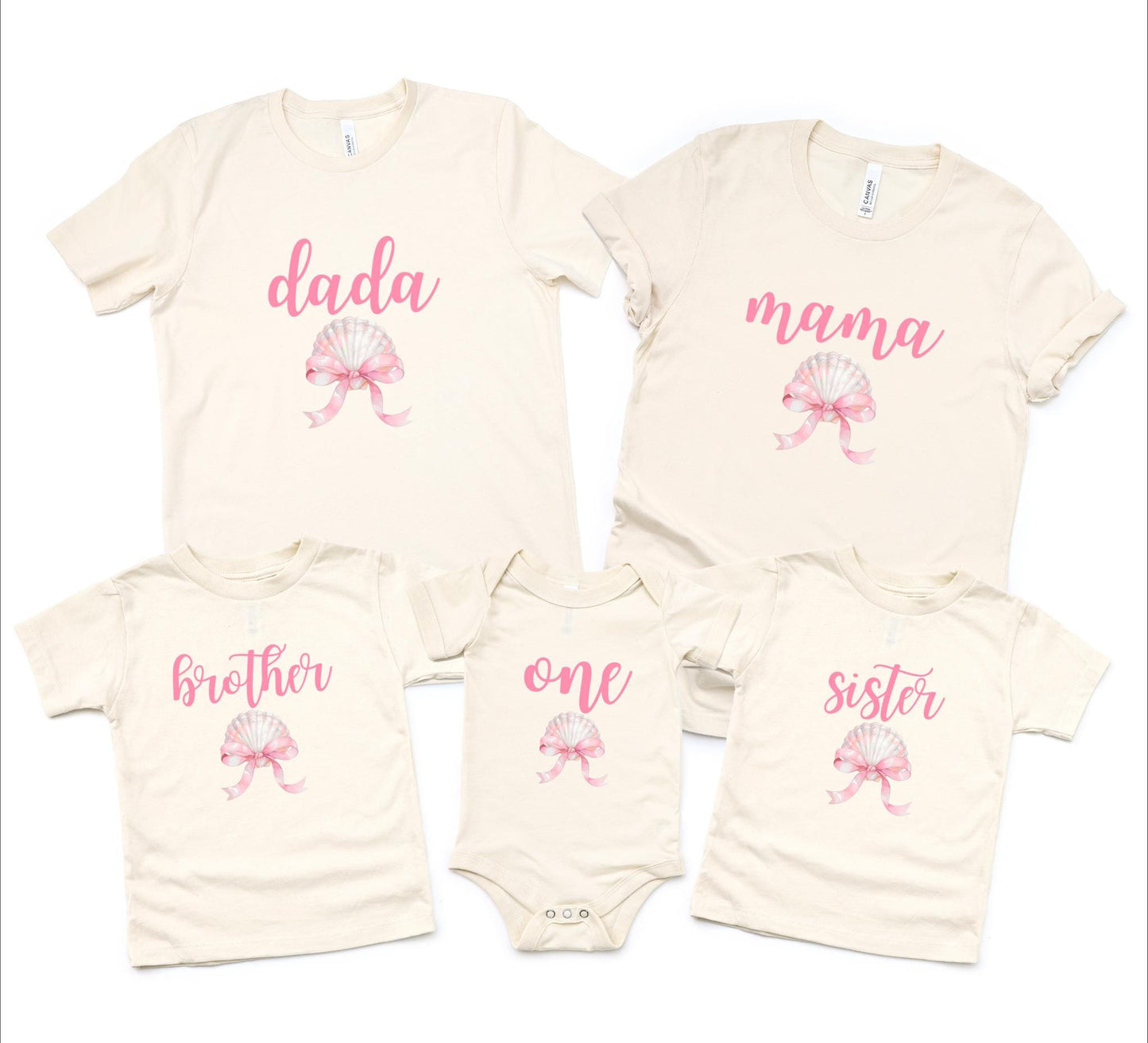 Seashell Coquette Bow First Birthday Family Matching Shirts: Girl's Summer 1st Birthday Coastal Beach Themed Party Outfit