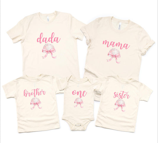 Seashell Coquette Bow First Birthday Family Matching Shirts: Girl's Summer 1st Birthday Coastal Beach Themed Party Outfit