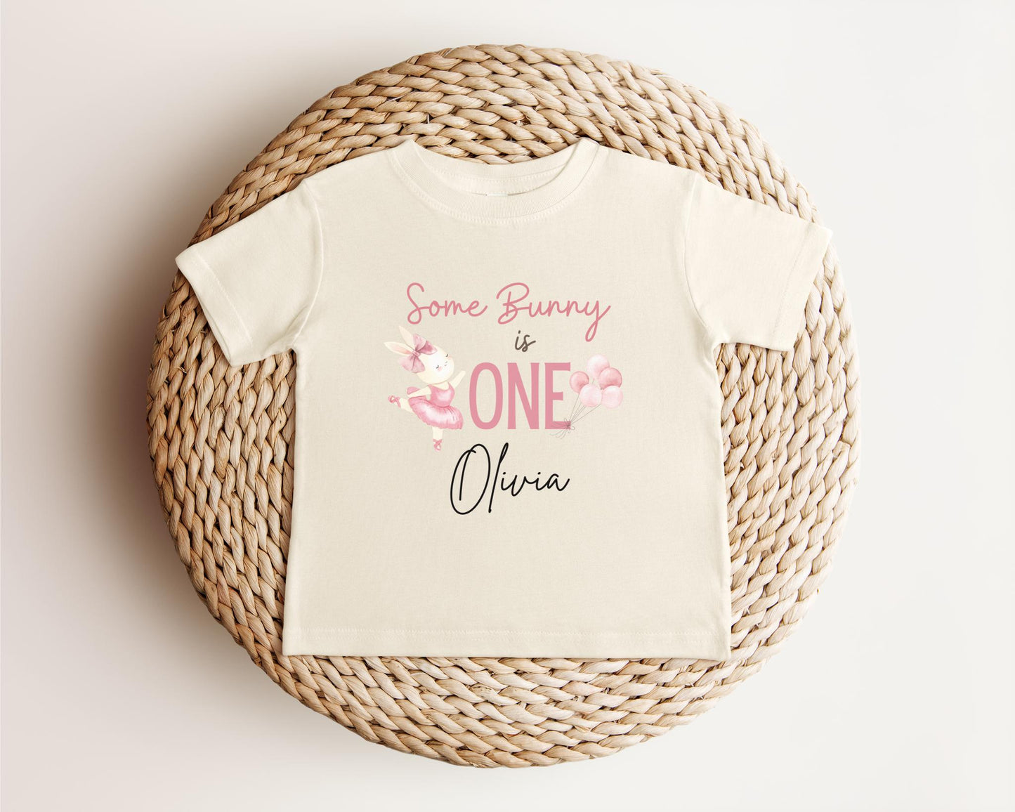 Personalized Some Bunny is One First Birthday Shirt | Custom Girl 1st Birthday Tee | Pink Ballet Rabbit Themed One Birthday Outfit