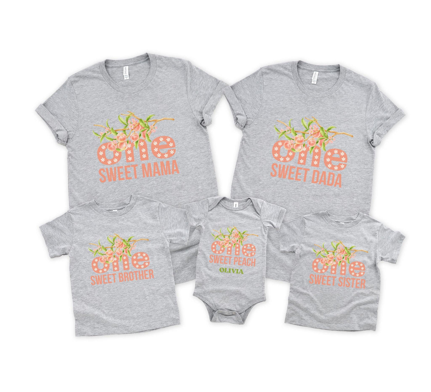 Personalized One Sweet Peach First Birthday Matching Family Shirts: Fruit Themed 1st Birthday Party Outfit