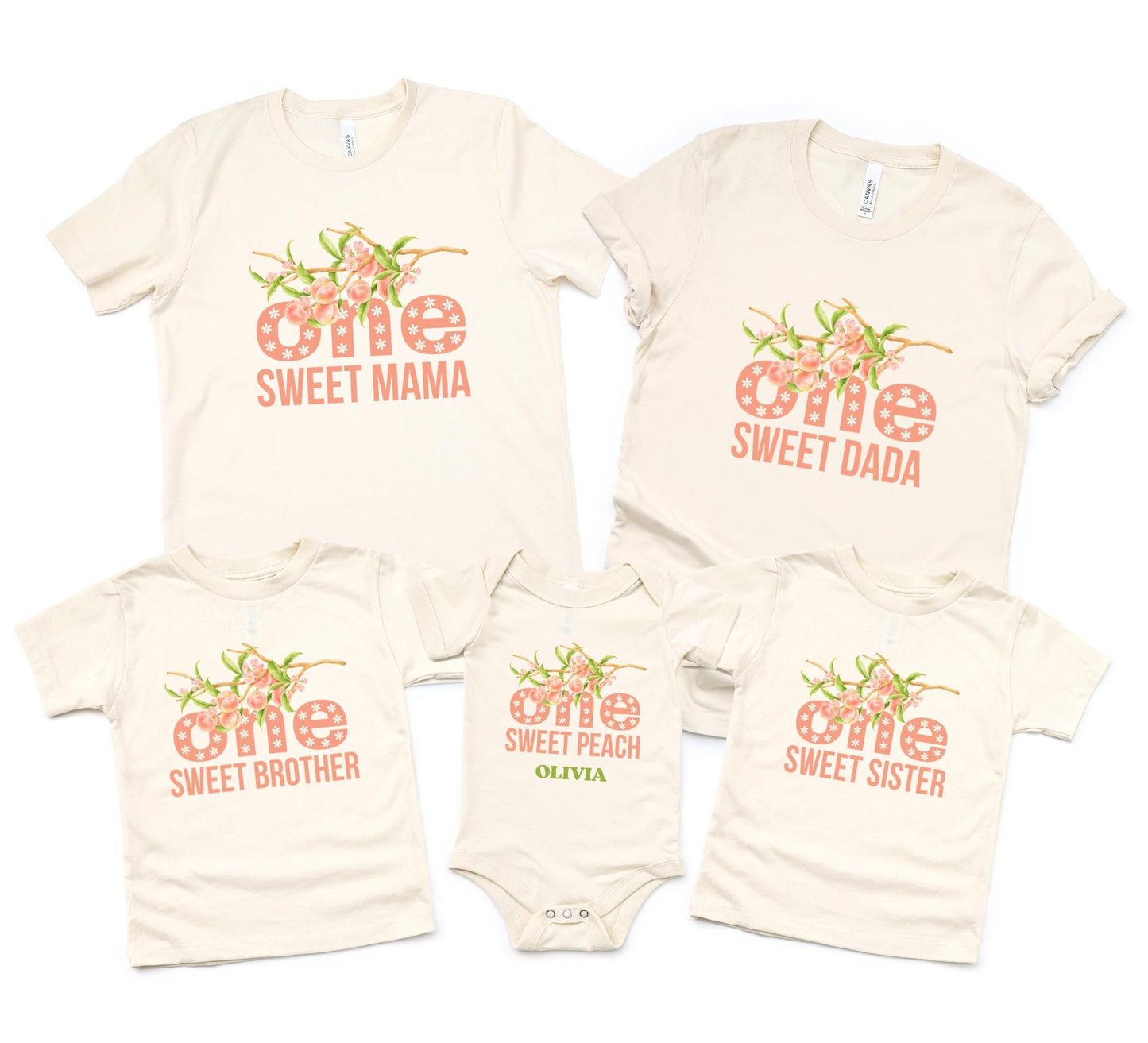 Personalized One Sweet Peach First Birthday Matching Family Shirts: Fruit Themed 1st Birthday Party Outfit
