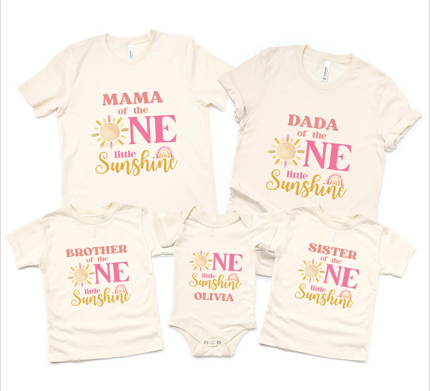 One Little Sunshine Family Matching First Birthday Shirt | Girl's Sun And Rainbow 1st Birthday Outfit | First Trip Around the Sun Tee