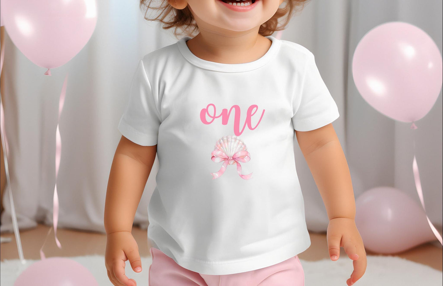 Seashell Coquette Bow First Birthday Family Matching Shirts: Girl's Summer 1st Birthday Coastal Beach Themed Party Outfit