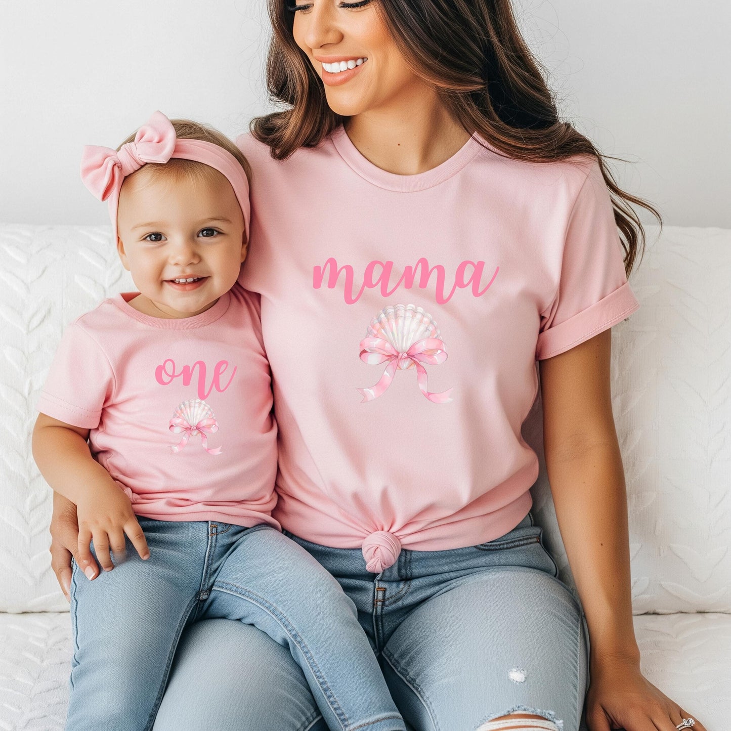 Seashell Coquette Bow First Birthday Family Matching Shirts: Girl's Summer 1st Birthday Coastal Beach Themed Party Outfit