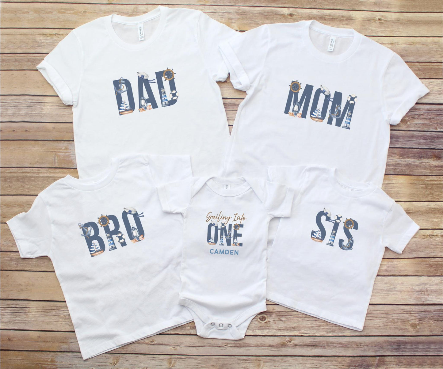 Nautical Sailing First Birthday Family Matching Shirts: Sailing Into One 1st Birthday Party Outfits