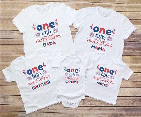 Fourth of July First Birthday Family Matching Shirts: One Little Firecracker Boy 1st Birthday Party Outfit