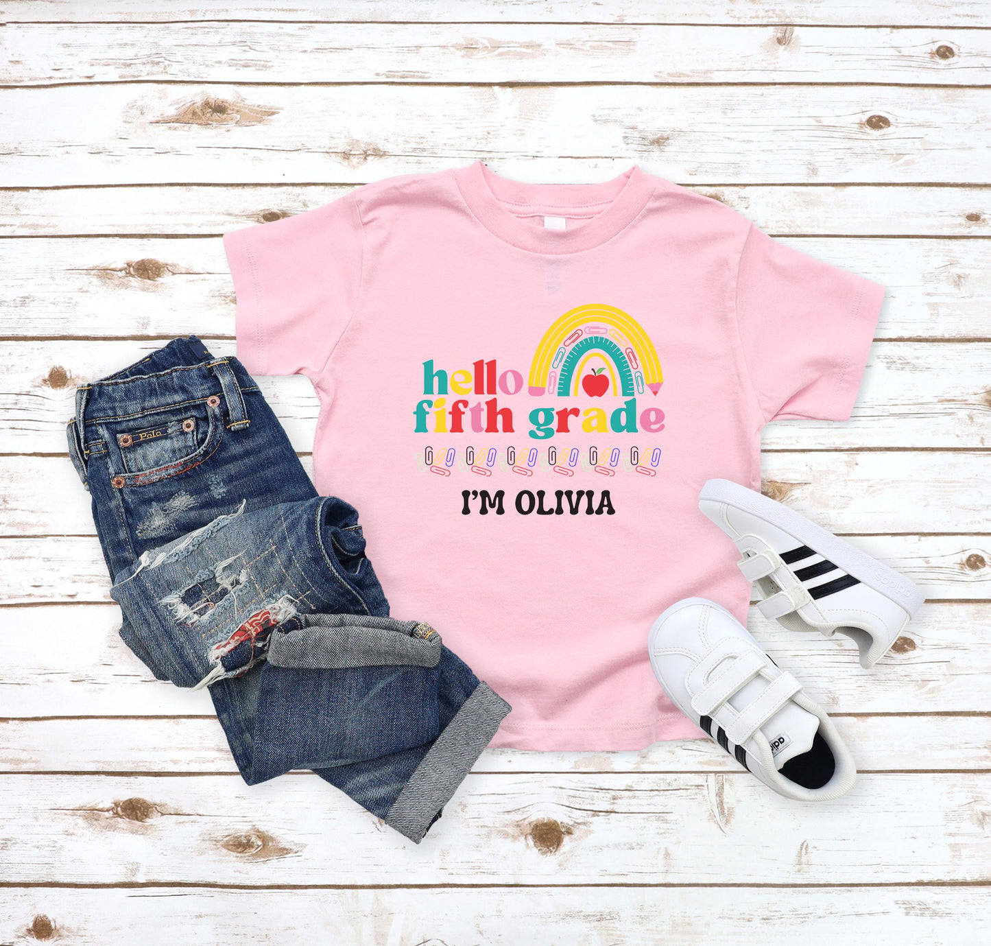 Personalized Back to School Girl's Shirt: Hello Kindergarten Rainbow First Day of School Outfit