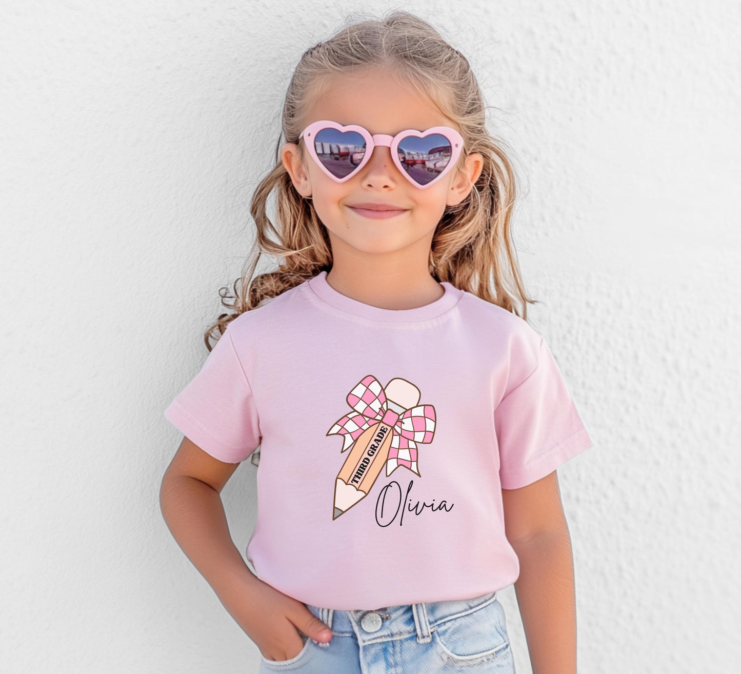 Personalized Name Girls Back to School Shirt: Custom Pencil Bow Kids Tee