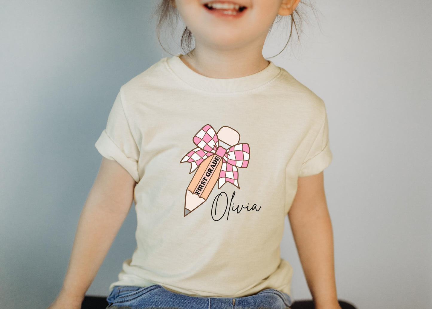 Personalized Name Girls Back to School Shirt: Custom Pencil Bow Kids Tee