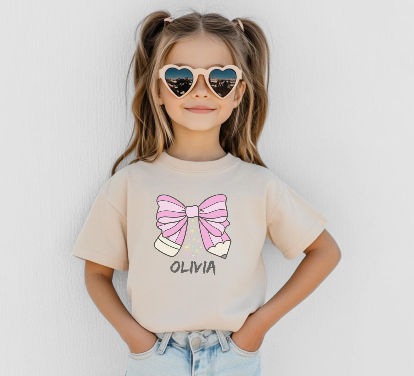 Personalized Name Girls Back to School Shirt: Custom Pencil Bow Kids First Day of School Outfit
