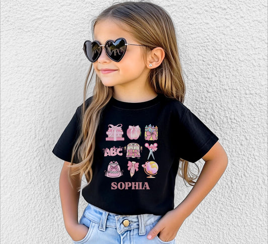 Personalized Retro Back To School Girls Shirt: Customized Name Kids First Day of School Outfit