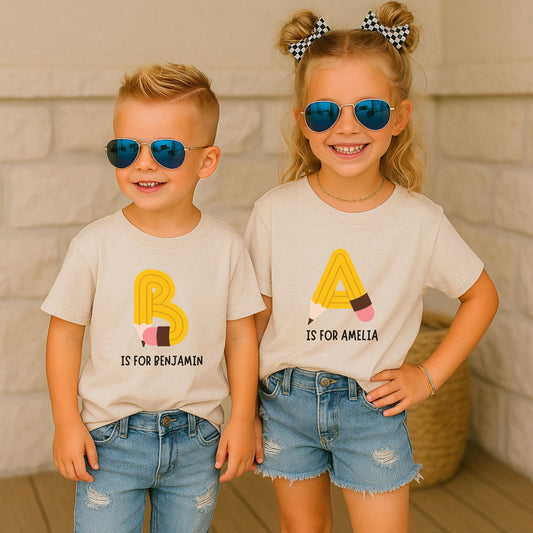 Personalized Back to School Kids Shirt: Custom Pencil Alphabet Boys and Girls First Day of School Outfit