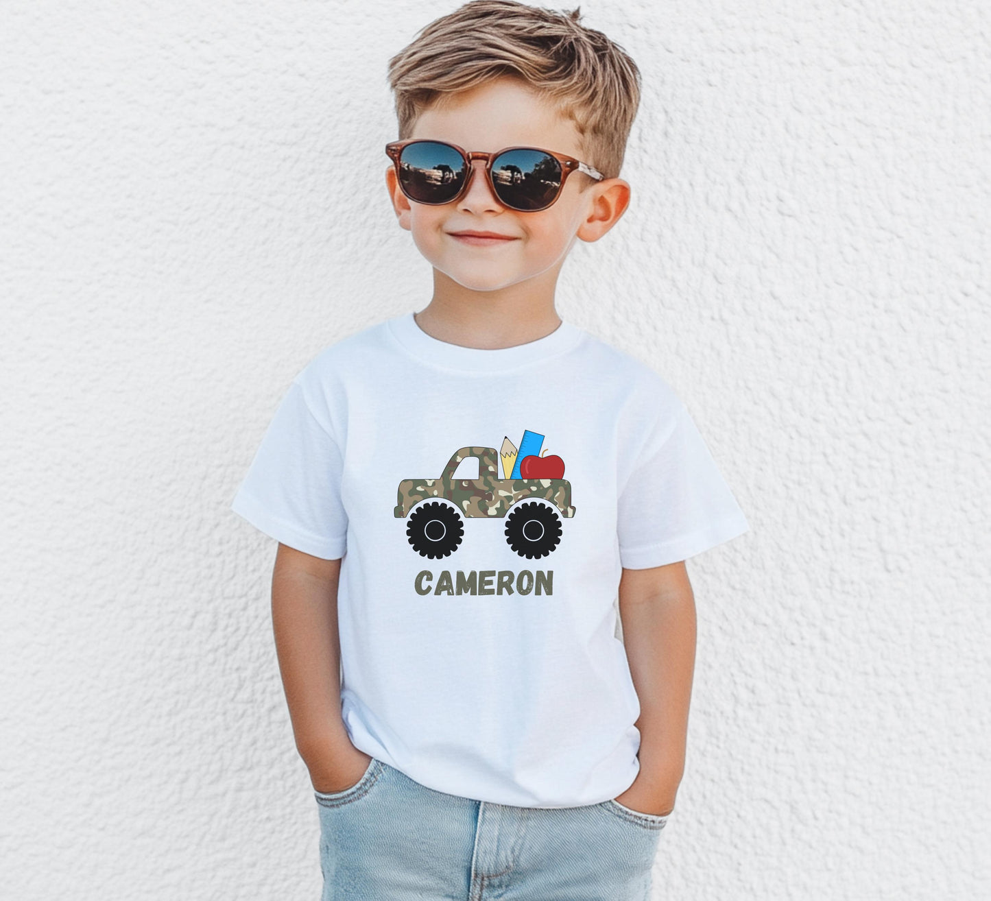 Personalized Camouflage Monster Truck Shirt: Back to School Kids Tee