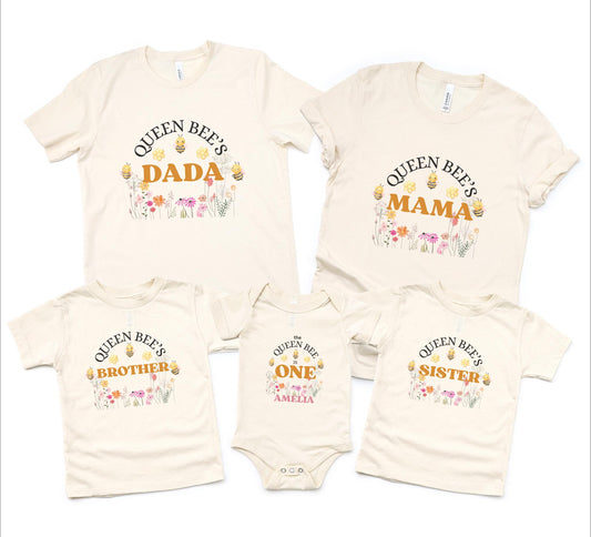 Bee Family Matching First Birthday Shirts: Queen Honey, Bumble Bee Themed  1st Bee-Day Party Outfit