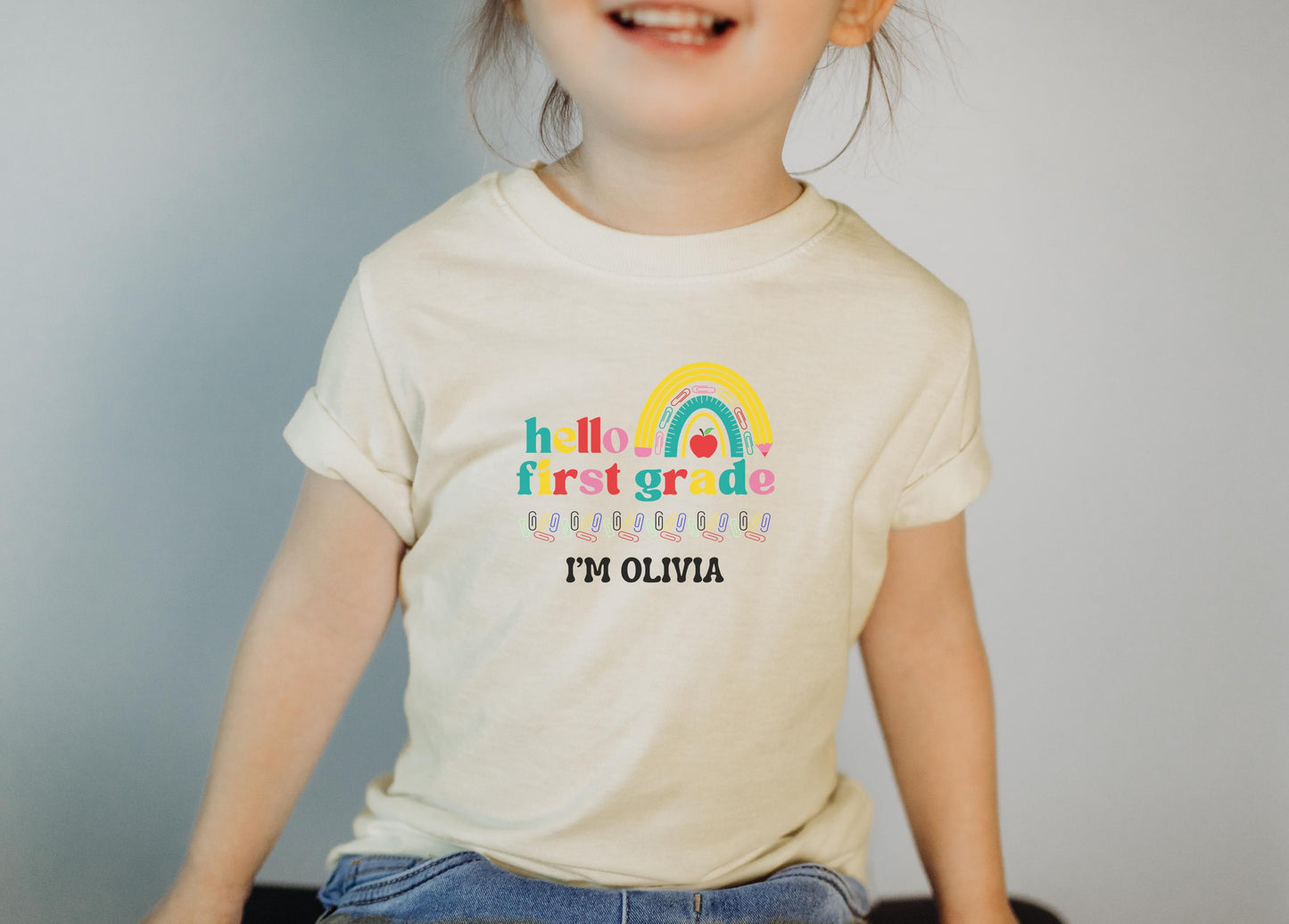Personalized Back to School Girl's Shirt: Hello Kindergarten Rainbow First Day of School Outfit