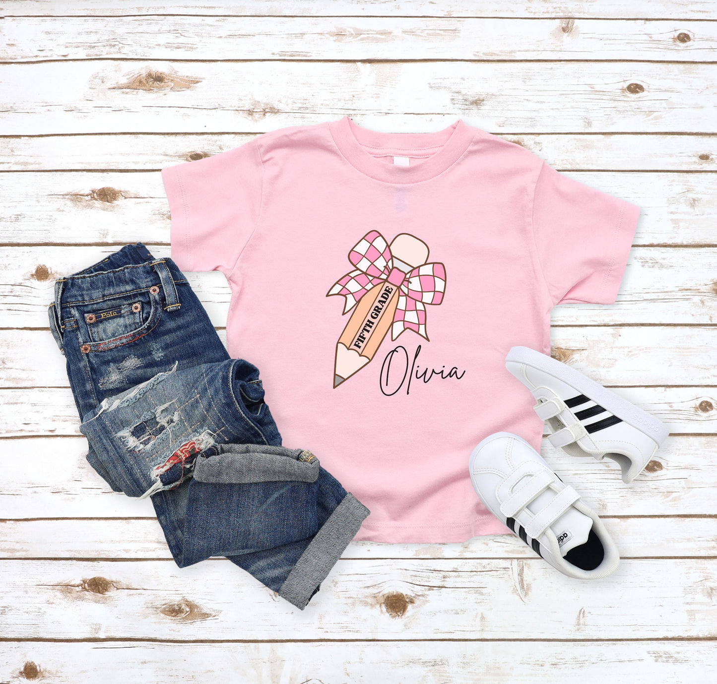 Personalized Name Girls Back to School Shirt: Custom Pencil Bow Kids Tee
